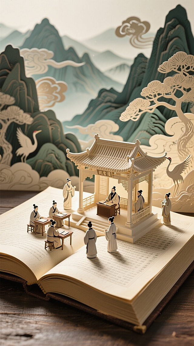 杰作，8K，微距，中国风立体纸雕。
一本巨大的泛黄古书摊开，书页上立体重现了古代学堂的精细剪纸场景（学子、夫子、亭台），背景是层次分明的立体山水剪纸（远山、祥云、松鹤）。侧光照射，光影层次极佳，投影细腻。整体氛围宁静古朴，充满书香与文化韵味，超高细节。