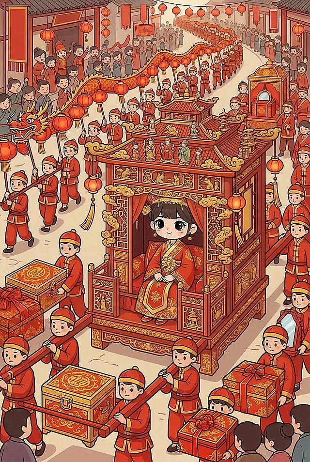 将现有轿子改成万工轿，保留原有中式婚礼接亲场景和卡通IP，IP按照透视关系做合理遮挡，保持整体扁平插画风格，保留所有迎亲人物、舞龙、礼盒和红灯笼，保持原构图不变