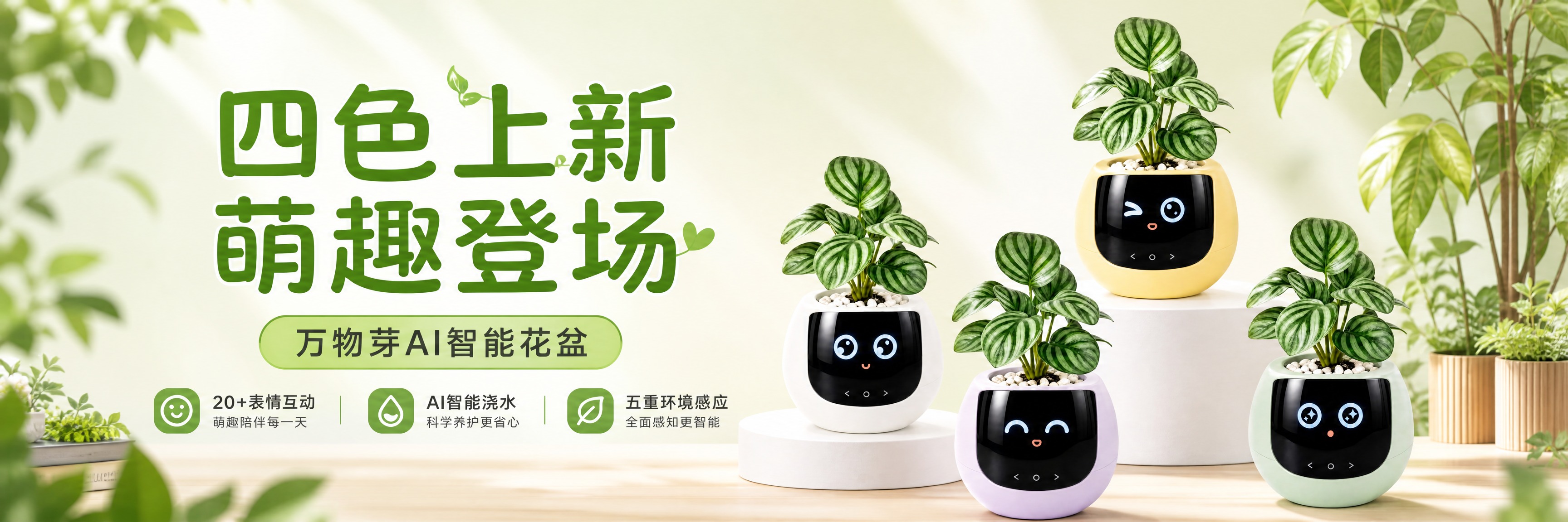 基于上传的四色智能花盆商品图，制作一张1860×500超宽横版… - 图片创意预览