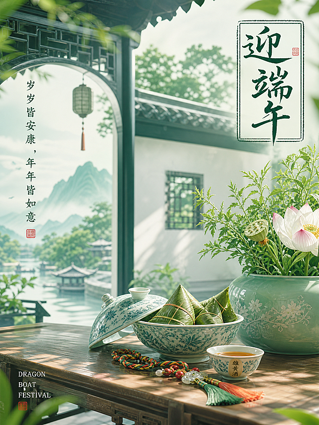竖版端午节主题海报，新中式国潮青绿山水风格，主色调为薄荷绿+米白，整体清新雅致，8K超写实质感。
主体画面：
- 背景：卷轴形式的青绿山水插画，搭配古风亭台、竹林、小桥流水、轻舟元素，云雾缭绕，仙气十足。
- 前景：一片粽叶上摆放着切开的咸蛋黄肉粽，米粒饱满，馅料清晰可见，粽叶边缘飘着竹叶和青绿色丝带。
文字排版：
- 左侧：大号黑色毛笔书法字体“浓情端午”，旁附红色印章；下方竖排文案“农历五月初五 / 粽夏良时至 富迎端午节”，搭配红色手写英文“Festival”和小字英文“Dragon Boat Festival”。
- 右上角：小字英文“Happy Dragon Boat Festival”及中文标注。
整体风格：新中式国风、青绿山水意境、美食特写结合国风插画、清新雅致、节日氛围感拉满，适合餐饮品牌端午宣传海报。
参考提示词生成四张3：4的端午节海报，要求每张不能一样可以同色系但是内容要完全不一样