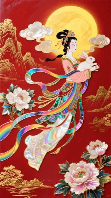 皮影艺术，嫦娥怀抱玉兔奔向一轮圆月，月亮周围散发出黄色晕圈，嫦娥体态妖娆，衣摆飘逸。周围环绕着祥云和盛开的牡丹花朵，背景山水，中国红底色搭配鎏金色点缀，非常规的动态构图,32K分辨率预览效果