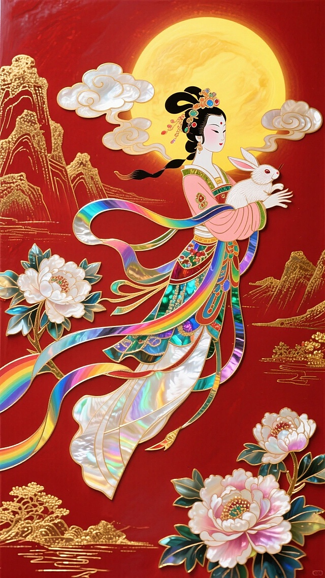 工笔风与刺绣风融合，嫦娥怀抱玉兔，彩带飘舞，红金背景衬托月华，牡丹点缀，尽显国潮典雅与中秋喜庆。