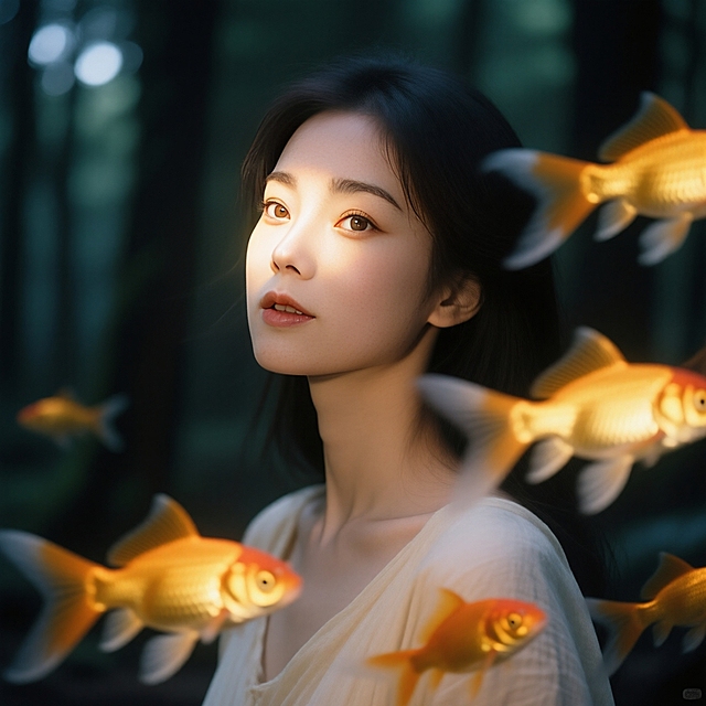 森林少女，环绕动态模糊的金鱼，金鱼发光，梦核暗调。脸部一束光，奶油肌，特写