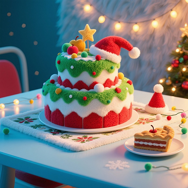 主体：立体毛绒圣诞蛋糕（三层结构，底层红绒、中层白绒、顶层绿绒，表面缀毛绒糖霜、毛绒彩球、毛绒星星）；点缀：毛绒餐垫（奶白短绒，绣圣诞花纹）铺在桌面，摆 1 个迷你毛绒圣诞帽、1 串小毛绒彩灯；甜品：1 个迷你毛绒苹果派（红绒表层，“苹果块” 是红绒拼接，铺白绒奶油边），放蛋糕旁；场景：星光灯 + 暖黄主光结合，照亮蛋糕绒面蓬松感，背景是局部毛绒墙面（仅圣诞装饰区域裹绒），氛围梦幻聚焦主体