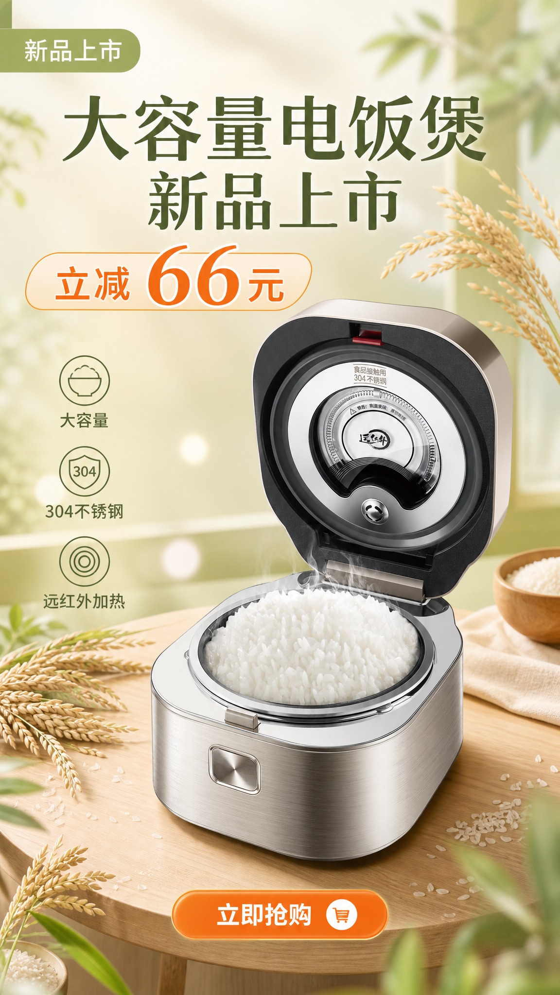 清新文艺风电饭煲商品营销海报，9:16竖版。画面中下部为电饭煲… - 图片创意预览