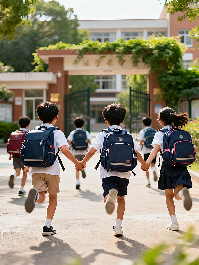 清新写实的校园日常摄影风格，多个背着书包的小学生孩童手牵手欢快地朝着校园校门奔跑，背景是带有绿植的校园大门建筑，光影自然柔和，画面充满童真活力，延续治愈的日常氛围感
