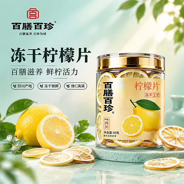 [主图-1] 天猫高端品牌首图，核心任务是建立品牌高端感和产品识别，突出百膳百珍品牌的东方滋养品质调性。
[统一基调] 天猫高端品质风；品牌色=蒂芙尼蓝(浅青绿色)+中国红点缀；背景主色=浅青绿色渐变到米白；标题字色=深墨绿/黑色；辅助字色=中灰；字体=品牌黑体粗体标题+简洁宋体正文；强调色=中国红(仅用于品牌Logo和小面积点缀)；整体精致克制、高级留白、东方雅致感。
[画面] 产品罐居中偏右，占画面约50%，罐身标签完整清晰，保留"百膳百珍""柠檬片""冻干工艺""产地四川""净含量60克"等文字。罐子放置在浅青绿色的精致台面上，底部有柔和倒影和接触阴影。罐子左侧和下方散落几片冻干柠檬片和新鲜柠檬切片，精心摆盘。背景是浅青绿色到米白色的柔和渐变，左上角放置品牌Logo（红色宫字图标+百膳百珍黑色字体+百膳滋养百珍为材小字），品牌Logo清晰精致。画面有微妙的光斑和柔光效果，整体干净高级。
[光影质感] 高端商业摄影棚拍质感，左前侧柔和主光，右侧辅助光，产品边缘有精致轮廓光，金属盖有细腻高光，玻璃罐体通透有质感，整体光影干净立体。
[配色] 主色蒂芙尼蓝(浅青绿)+米白，品牌色中国红点缀，文字深墨绿/黑，背景渐变干净高级。
[文字版式] 左上品牌Logo区固定。左侧中部主标题"冻干柠檬片"粗黑体大字，下方副标题"百膳滋养 鲜柠活力"宋体小字，再下方3个品质标签横向排列"四川产地""冻干锁鲜""维C满满"。文字排版精致，留白充足，不拥挤。
[输出要求] 比例1:1，文字清晰可读，产品清晰完整，品牌Logo清晰，负向：变形、错字、模糊、杂乱、水印、平台Logo、悬浮、穿模、廉价感、过度装饰。