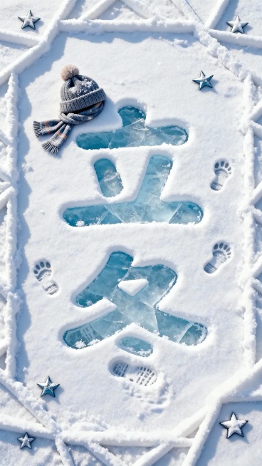 俯视视角，画面主视觉是雪地中的 “立冬”文字（字体圆润可爱），文字部分像被踩踏，露出淡蓝色冰面。雪质细腻带自然纹理，装饰帽子、围巾、足迹，搭配雪堆成的几何线条、星星元素作为边框。预览效果
