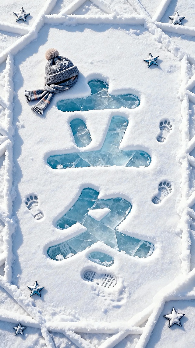 俯视视角，画面主视觉是雪地中的 “立冬”文字（字体圆润可爱），文字部分像被踩踏，露出淡蓝色冰面。雪质细腻带自然纹理，装饰帽子、围巾、足迹，搭配雪堆成的几何线条、星星元素作为边框。
