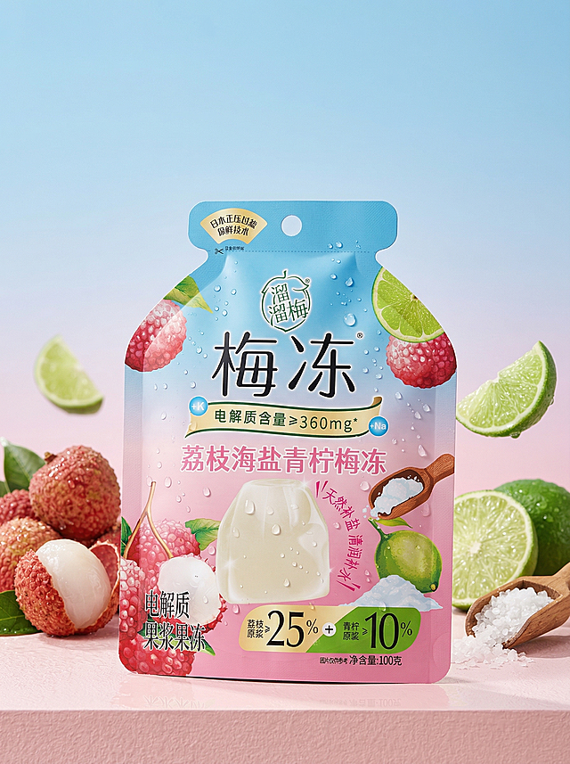 清新明亮的扁平风设计，融合轻拟物与塑料质感，展现荔枝、青柠与梅冻的清爽甜蜜，夏日果味沁凉感十足。