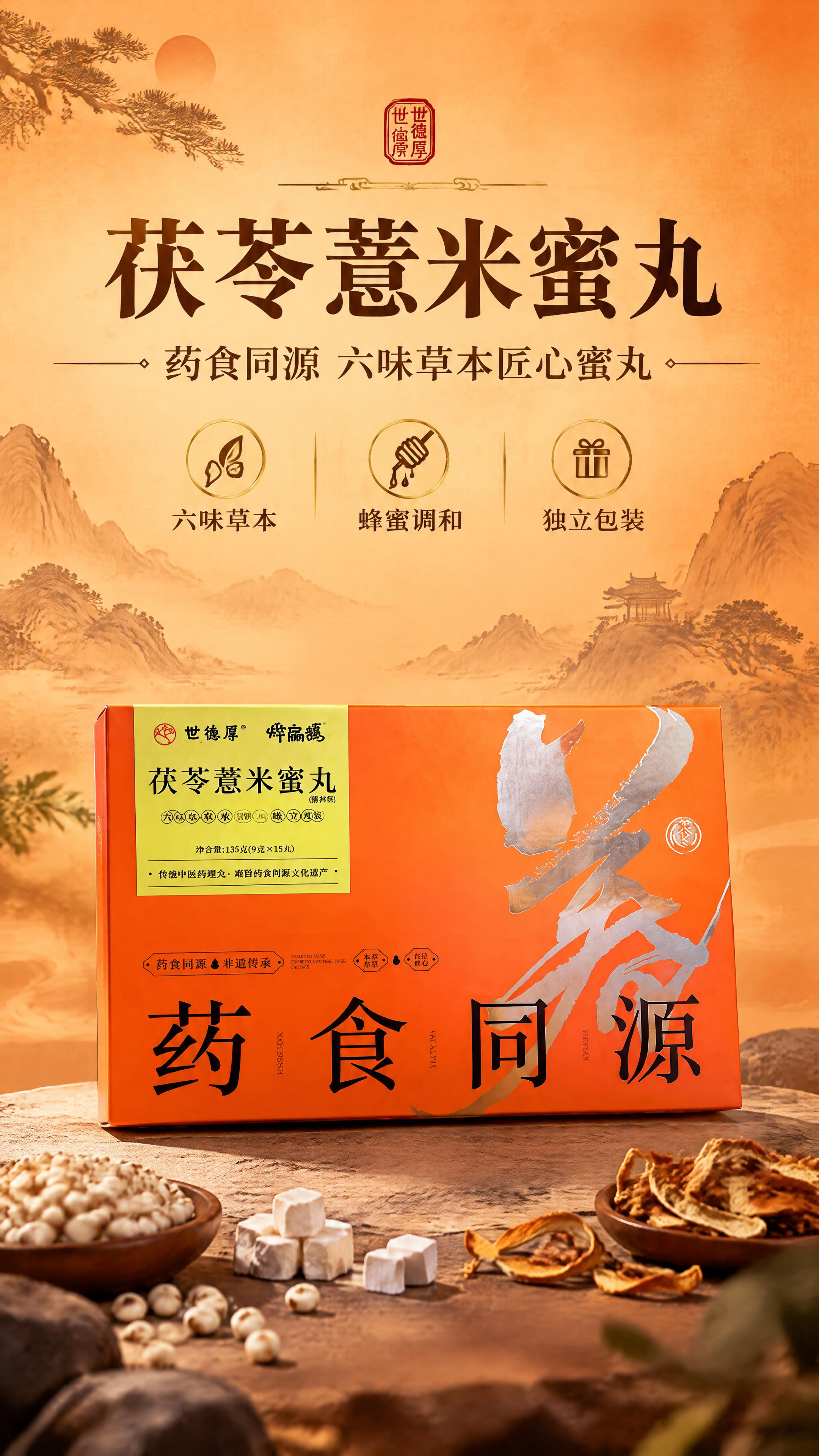 [商品] 使用【图1】世德厚茯苓薏米蜜丸橙色礼盒；保留礼盒橙底… - 图片创意预览