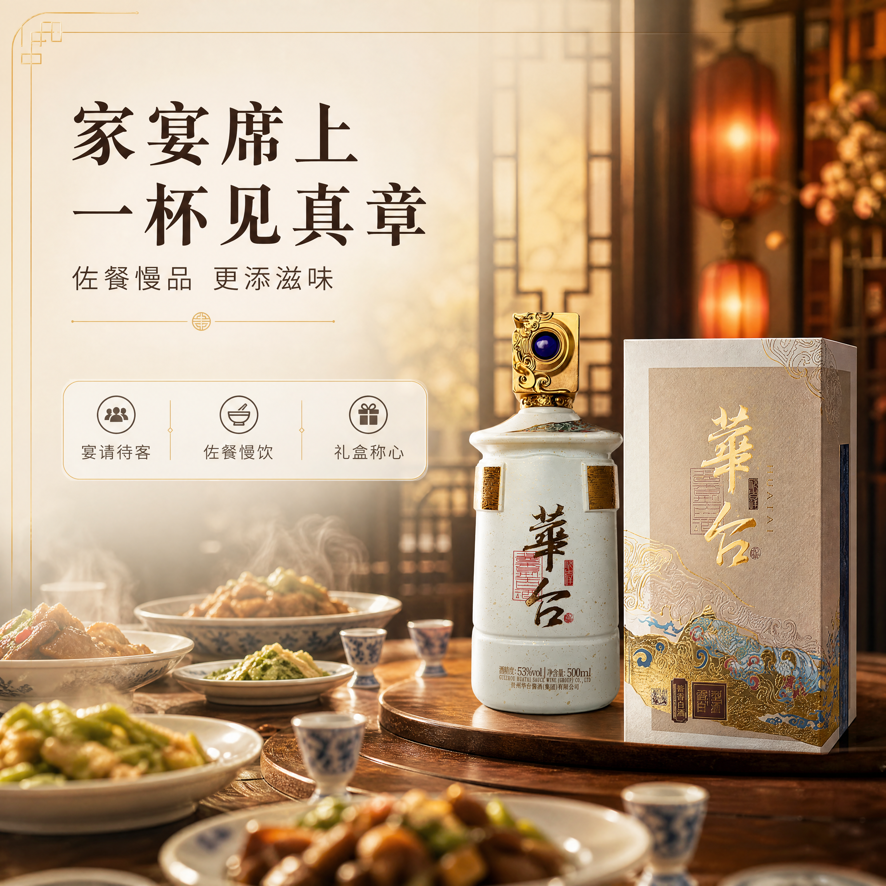 [商品] 使用【图1】瓶身正视图与礼盒正视图，置于中式宴席桌面… - 图片创意预览