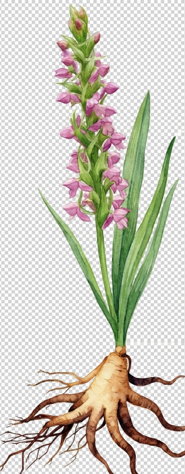 保留手状八爪根茎的形状不变，将上部的叶子和红色花替换成参考图的长条形绿色叶片和粉紫色穗状花朵，保持整体水彩插画风格，背景透明，融合自然预览效果