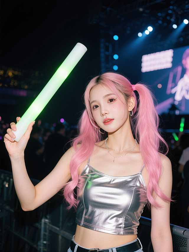 甜美粉发少女，霓虹灯下潮流闪耀，动漫风设计尽显青春活力。