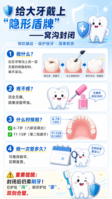 口腔健康科普海报，标题为"🛡️ 给大牙戴上“隐形盾牌”——窝沟封闭"，包含四个科普点：1.做什么？在后牙窝沟上涂一层无害的树脂材料，填平深沟。2.疼不疼？完全无痛，就像涂指甲油。3.什么时候做？✅预览效果