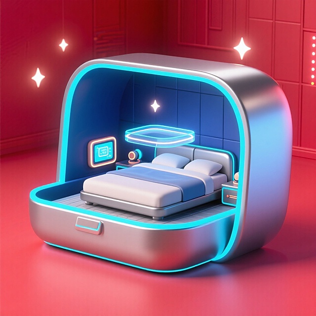 未来感十足的3D赛博朋克风卧室，金属质感与霓虹灯辉映，重拟物设计呈现梦幻科技空间。