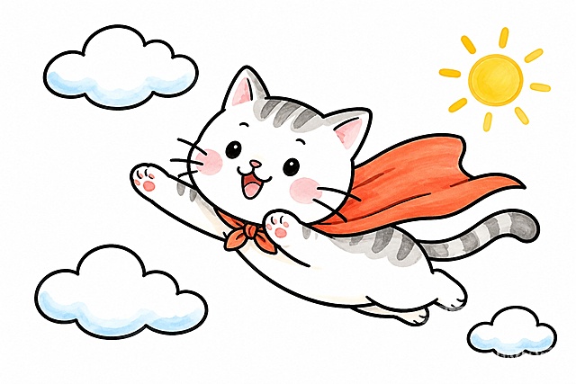 一只想飞的猫，儿童简笔画，参考示例图马克笔水彩晕染风格，粗黑清晰勾边，浅色马克笔上色，白底，造型简单可爱适合5-7岁小学生临摹，尺寸297*210mm横向