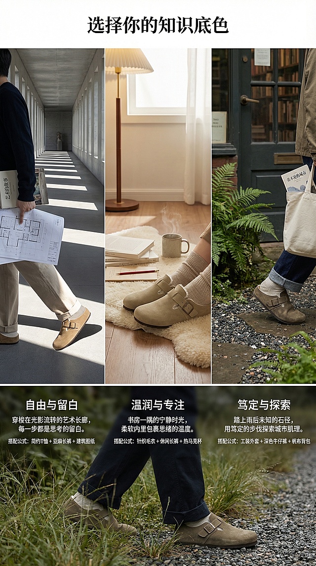 视觉布局：
形式： 采用 “三联画”横向平铺” 布局，三张场景图等宽并列，中间无缝衔接。

互动： 可设计为鼠标悬停时，当前色块微微上浮，并浮现更详细的心境文案，增强体验感。

顶部总标题： “选择你的知识底色” (字体：思源宋体 Semibold)

颜色一：沙色 | 游牧学者
色彩定义：

RGB参考值： (210, 190, 160)

灵感来源：荒漠中的岩石，未经漂染的原始亚麻，旧纸张的芯。

核心场景：建筑长廊

构图： 人物背影走在美术馆或大学博物馆的清水混凝土长廊里。鞋子 是地面视觉的锚点，踩在光滑冷峻的地面上。

光影： 强烈的侧光从一排高大的窗户射入，在墙面和地面形成几何光斑，沙色的鞋子 在明暗交界处，绒面质感被凸显。

道具/氛围： 人物手持一卷建筑图纸或一本《艺术的的故事》。环境空旷、寂静，只有脚步的回响。

鞋子状态： 处于行走的动态瞬间，展示其与极简空间的融合。

心境标题： “自由与留白”

描述文案：

“最中性的底色，容纳最多元的旅程。它像一块空白画布，伴随你在思想疆域里游牧。不抢戏，却定义着整体的格调。”

搭配公式：

沙色勃肯 + 宽松白衬衫 + 黑色直筒裤

沙色勃肯 + 全身亚麻色系 (同色系叠穿)

提示： “它是你衣橱里的万能公式，谦逊而充满智慧。”

颜色二：浅卡其 | 沉思编辑
色彩定义：

RGB参考值：(180, 165, 135)

灵感来源：温润的羊毛，搁置许久的茶汤，林间的薄暮。

核心场景：窗边书房

构图： 低角度特写。鞋子 脱在铺着厚厚羊毛毯的深色木地板上，旁边是陷入沙发的穿着燕麦色袜子的双脚。

光影： 窗外是阴天的柔和散射光，室内有一盏暖光落地灯。光线让 浅卡其的绒面 呈现出温暖、蓬松的质感。

道具/氛围： 近景是堆在地板上的几本待校对的文稿、一支红铅笔、一个冒热气的马克杯。氛围是专注后的片刻松弛。

鞋子状态： 安静地、随意地搁置，鞋口向内微卷，露出柔软的水晶绒内里，强调“归属”与“放松”。

心境标题： “温润与专注”

描述文案：

“一种自带体温感的颜色。它属于长时间伏案后，抬头望见窗外渐暗天色时的那份安定。是向内沉思时，最温柔的包裹。”

搭配公式：

浅卡其勃肯 + 燕麦色针织套装

浅卡其勃肯 + 灰蓝色棉质连衣裙

提示： “最适合营造‘安静的钝感力’，是思考者最好的家居延伸。”

颜色三：深卡其 | 田野旅人
色彩定义：

RGB参考值：(120, 100, 80)

灵感来源：湿润的泥土，古旧的皮革封面，深秋的树干。

核心场景：乡野书店后院

构图： 鞋子 踩在略微潮湿的碎石子小径上，旁边是沾着露水的野草。

光影： 雨后初晴的清晨光线，低饱和度。深卡其色在湿润环境下显得格外沉稳、扎实，有泥土的厚重感。

道具/氛围： 背景是旧书店的后门，门边放着几盆蕨类植物。一本《看不见的城市》半塞在帆布包里，放在旁边的木凳上。

鞋子状态： 带有细微的使用痕迹（非破旧，而是贴合感），仿佛已经陪伴主人走过许多探索的路。

心境标题： “笃定与探索”

描述文案：

“最沉稳的叙述者。它带有大地的气息，不畏惧风雨与路途。穿上它，意味着带着笃定的内核，走向更广阔的田野与人间。”

搭配公式：

深卡其勃肯 + 军绿色工装外套 + 白色T恤

深卡其勃肯 + 靛蓝原色牛仔 + 复古衬衫

提示： “它是知识分子的‘户外灵魂’，连接书斋与自然。”