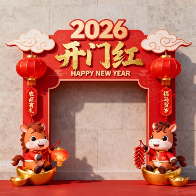 传统祥云马年拱门，红色为主色调，顶部有“2026”数字，两侧有祥云装饰，中间上方有金色书法字体“开门红”和英文“HAPPY NEW YEAR”，左右两侧分别有红色灯笼和写着“农商有礼”“福马贺岁”的红预览效果