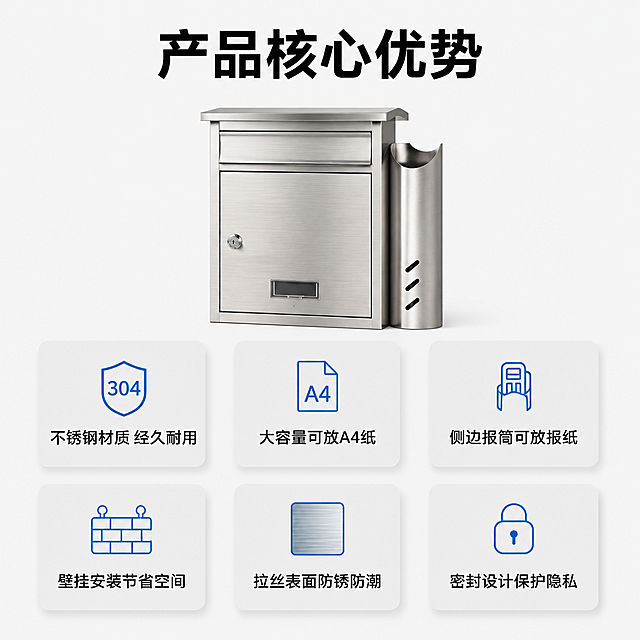[第2屏] 不锈钢信报箱核心卖点总览页。本屏使用【图1】作为产品参考，整体沿用产品的结构和材质特征。
[氛围/风格] 简约清晰信息页，浅灰纯色背景，干净专业的五金产品视觉风格。
[元素布局] 画面顶部放置信报箱小场景图，信报箱缩小后放置在上半部分居中位置，占据画面约30%区域，保持产品结构和材质与原图一致；下半部分排列6个卖点卡片，分成两排，每排三个卡片，每个卡片配一个简约图标和文字描述。
[光影质感] 整体均匀布光，卡片带有轻微投影增加层次，文字清晰锐利，产品质感还原准确。
[配色色系] 全局底色：#f8f8f8；主体配色：#222222（文字）+ #e6e6e6（卡片底色）+ #007acc（图标 accent 色）。
[视角构图] 平面信息排版，产品小图在上，卖点卡片在下，中心对齐构图，信息层级清晰。
[文字版式] 顶部主标题「产品核心优势」黑色粗体；每个卖点卡片内文字分别为：
1. 「不锈钢材质 经久耐用」
2. 「大容量可放A4纸」
3. 「侧边报筒可放报纸」
4. 「壁挂安装节省空间」
5. 「拉丝表面防锈防潮」
6. 「密封设计保护隐私」
文字大小均匀，清晰易读，不重叠遮挡。
[比例分辨率] 1:1正方形比例，4K分辨率，文字清晰可辨，超高清。
[负向提示词] 产品变形，结构错误，文字重叠，文字模糊，水印，颜色偏差，背景杂乱。