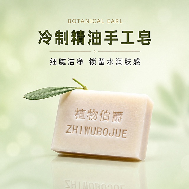 将背景替换为浅薄荷绿渐变柔焦风格，与保湿霜系列底色保持一致。保留原图所有文字内容、文字位置、字体样式、产品外观（米白色精油皂，顶部放一片橄榄叶）、产品位置、底部倒影、金色装饰线和菱形装饰，整体构图和元素布局完全不变，只统一背景底色风格。背景为清新柔和的浅绿色渐变，带有朦胧柔焦质感。