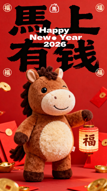 纯正面小马，Q版棕褐配色的拟人毛绒小马公仔（腹部是浅米色毛绒，单眼眯起微笑，鬃毛为深棕短绒质感，圆鼓鼓的肚子），站立，一手提 “福” 字圆柱形灯笼；红色背景，搭配红 / 金（红包，金币）；小马公仔位于预览效果