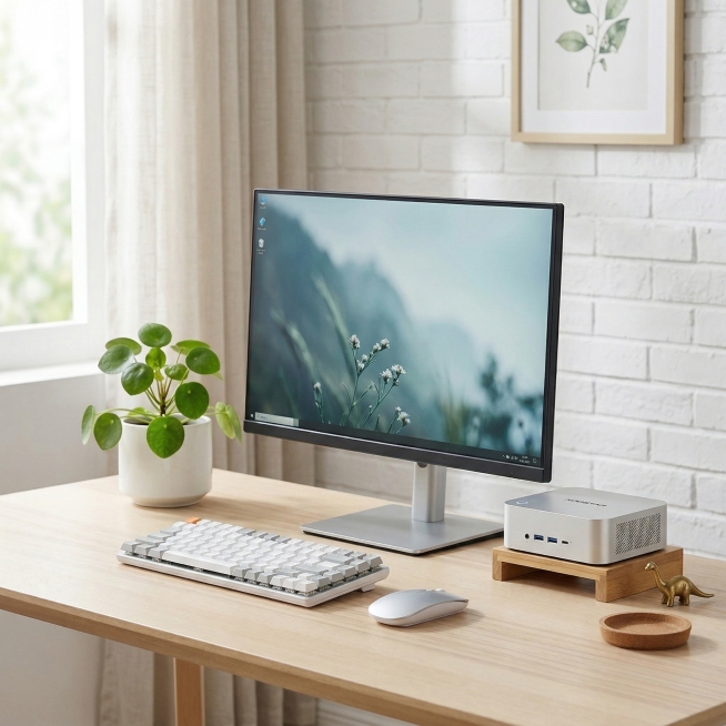 侧视角展示的生活化极简Minimalist Desk Setup桌面，MACO 470迷你主机放在显示器旁，搭配简约无线键鼠和绿植桌搭摆件，自然光透过窗户，清新自然的极简桌面预览效果