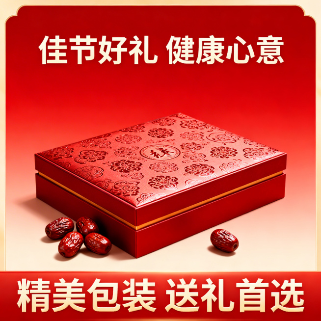 电商主图，红枣礼盒包装展示，礼盒上有精致花纹，旁边散落几颗红枣，背景是红色喜庆渐变，上方标注"佳节好礼 健康心意"，底部写"精美包装 送礼首选"，打造节日礼品场景预览效果