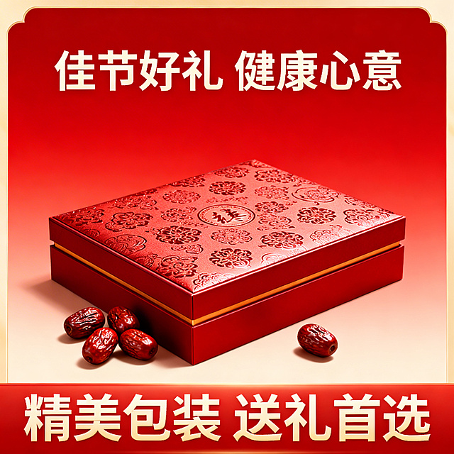 电商主图，红枣礼盒包装展示，礼盒上有精致花纹，旁边散落几颗红枣，背景是红色喜庆渐变，上方标注"佳节好礼 健康心意"，底部写"精美包装 送礼首选"，打造节日礼品场景