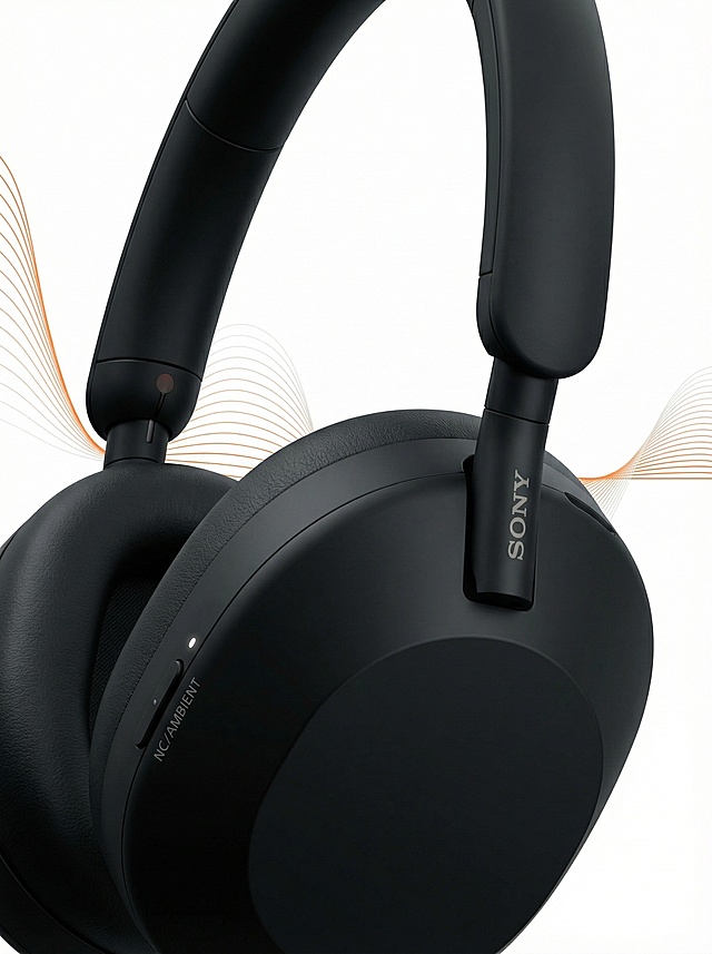 专业产品摄影，黑色索尼WH-1000XM5头戴式降噪耳机，侧视角度，哑光黑机身，细腻皮革耳罩，NC/AMBIENT按键与指示灯清晰可见，背景为纯白色，两侧有橙色与白色的声波波形线条，极简科技风，8K，高细节，商业广告质感，柔和侧光，无阴影，干净利落