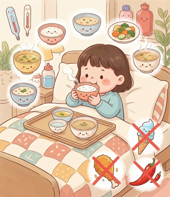 诺如病毒感染护理，饮食清淡减负担，孩子吃米汤、面汤等流质食物，避开油腻生冷辛辣，减轻肠胃压力，保持参考图的卡通可爱手绘插画风格，温暖柔和色调，丰富背景，无文字，科普医疗插图预览效果