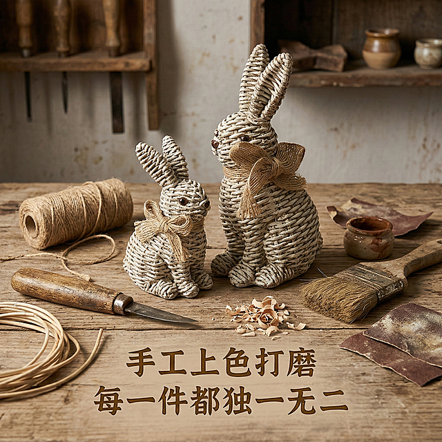 以这对仿藤编兔子摆件为主体，生成1:1比例的详情页图，突出手工工艺卖点，背景为手工工具元素，保持复古质朴的风格，添加文字“手工上色打磨 每一件都独一无二”