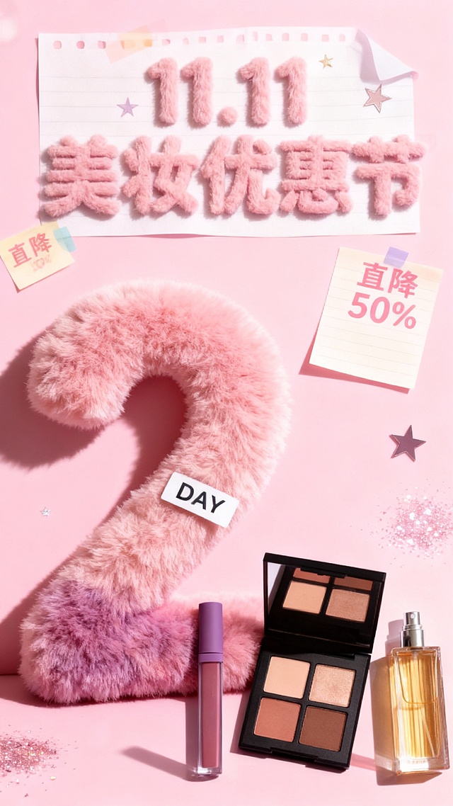 主视觉为一个粉色渐变毛绒材质的“2” ，“DAY”标签位于数字“2”上，商品位于画面右下角，背景是粉色结合便签纸元素，画面上方为毛绒主标题“11.11 美妆优惠节”，背景上有“直降50%”便利贴装饰、小星星和闪粉