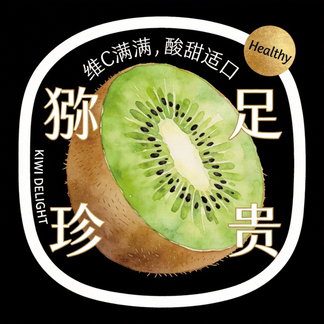 异形卡片，整体为椭圆形猕猴桃切片轮廓，白色底色+清晰白色粗描边，纯黑背景。主体是褐皮绿肉的猕猴桃（半颗切开露出翠绿果肉与黑色籽点），水彩肌理清新自然。文字全部环绕在水果外围排版：主标题"猕足珍贵"（简预览效果