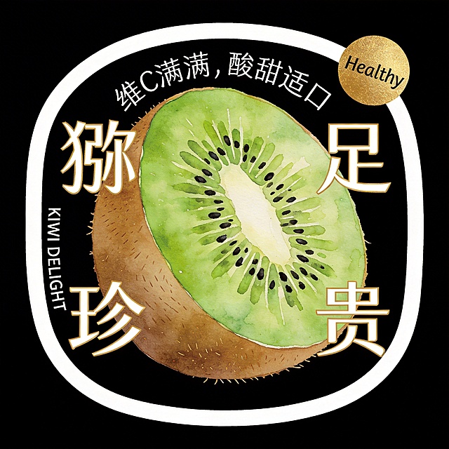 异形卡片，整体为椭圆形猕猴桃切片轮廓，白色底色+清晰白色粗描边，纯黑背景。主体是褐皮绿肉的猕猴桃（半颗切开露出翠绿果肉与黑色籽点），水彩肌理清新自然。文字全部环绕在水果外围排版：主标题"猕足珍贵"（简约无衬线体，猕猴桃绿+浅金描边），小字标语"维C满满，酸甜适口"（手写体）沿顶部弧形排列，右上角加烫金圆形小标"Healthy"，英文"KIWI DELIGHT"置于左侧边缘。文字不遮挡主体，排版清新高级。