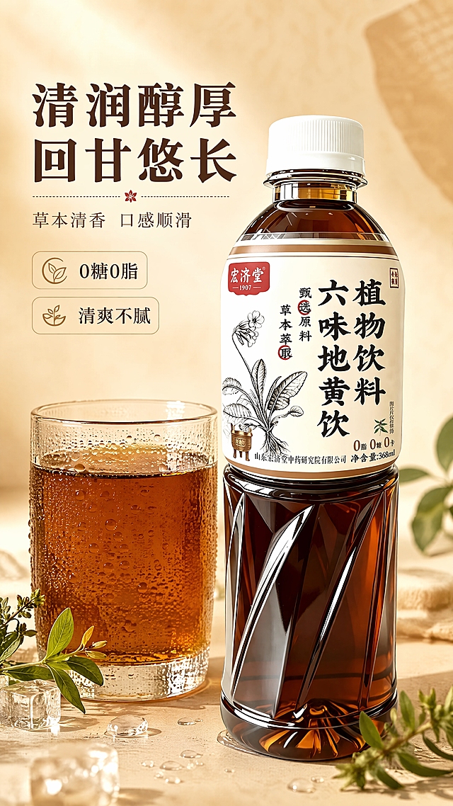 [商品] 使用【图1】宏济堂六味地黄饮植物饮料；保留瓶身结构、深棕透明瓶体、白色瓶盖、白色标签、红色宏济堂Logo、六味地黄饮大字、草本植物插画、0脂0糖0卡标识、山东宏济堂中药研究院有限公司字样、368ml净含量；瓶身标签文字和图案完全保留不修改。
[画面] 目标：口感质地特写，展现饮品色泽与质感。构图：产品居中偏右，左侧有一杯倒出的饮品，深琥珀色液体清澈透亮，杯壁挂有细密水珠，旁边有冰块和草本叶片点缀。产品占画面50%。背景：暖米色渐变，简洁干净。景别：中近景，突出液体质感。前中后景：前景水珠/冰块，中景产品和杯子，后景虚化暖光。
[视觉] 套系策略：风格=中式草本养生商业摄影；标题字=宋体粗体（古朴厚重）；正文字=简洁宋体；主色=暖棕米色调；背景延展=基于暖米棕做深浅层级、同色渐变和宣纸/麻布质感；强调色=深棕红，仅用于小面积图标、引线和标签；标题色=深棕；正文色=中暖棕；组件=圆角浅棕信息卡、细线引线、草本图标；光影=左前侧暖柔光，柔和自然，液体有通透光泽。
[文字] 左上主标题"清润醇厚 回甘悠长"，副标题"草本清香 口感顺滑"，下方2个短卖点：「0糖0脂」「清爽不腻」，文字区在左上留白，不遮挡产品和液体。
[规格] 图片比例9:16竖版，4K分辨率，避免变形、错字、文字过小、冷蓝背景、液体颜色失真。