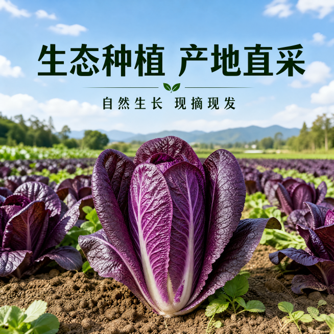 [第5屏] 紫罗兰大白菜农田种植生长环境展示。产品参考【图1】。
[氛围/风格] 自然田园风光，真实种植场景，绿色有机氛围，清新自然风格。
[元素布局] 场景为露天蔬菜大田，成片紫罗兰大白菜生长在田间预览效果
