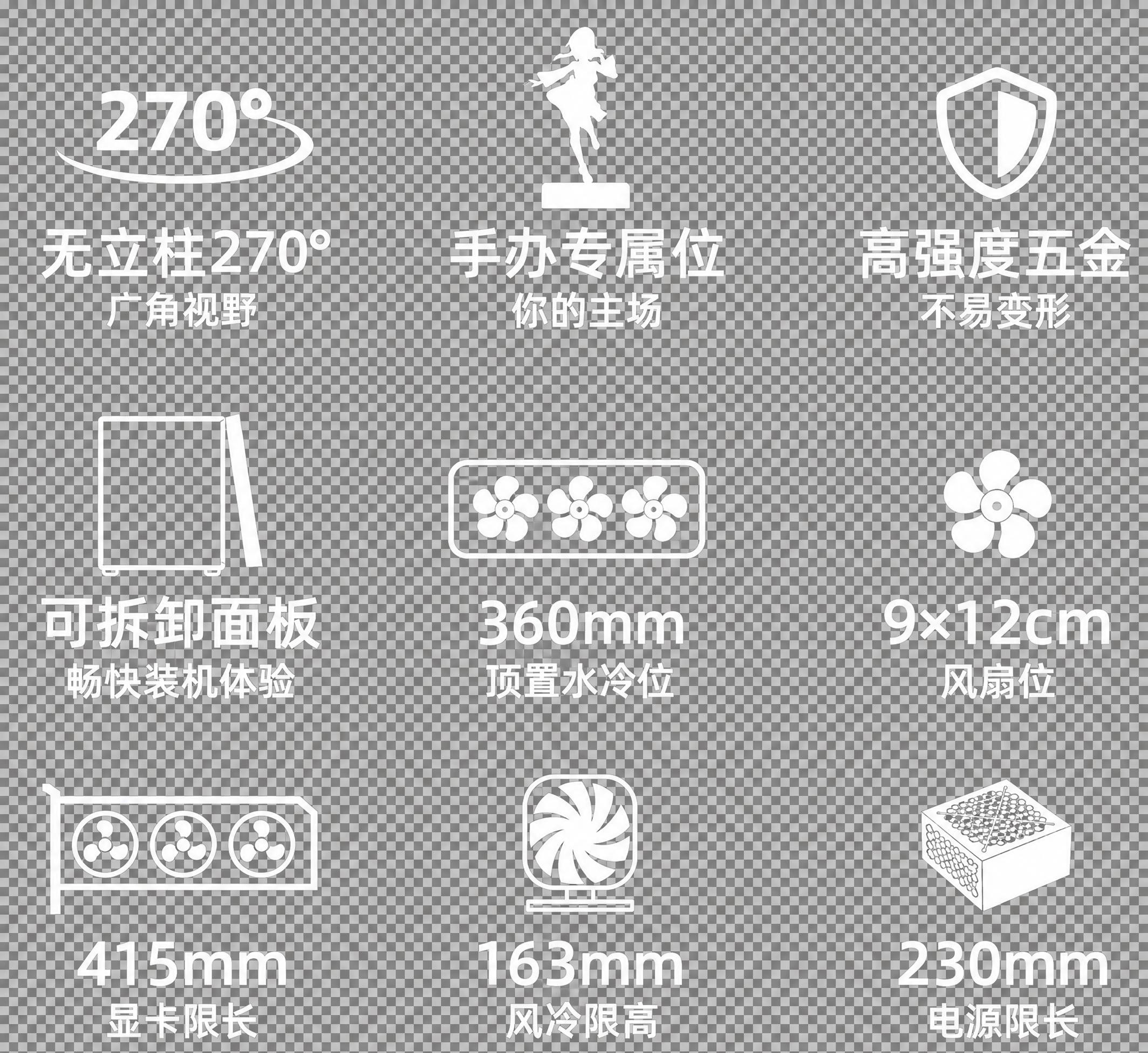 提取图中所有9个白色线性图标（无立柱270°、手办专属位、高强… - 图片创意预览