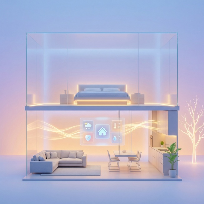 这是一个极具未来感的双层智能家居空间，采用横向对称构图，整体为极简主义设计风格。上层是全透明玻璃围合的睡眠区，摆放着一张简约双人床与两侧床头柜，底部嵌入暖黄色氛围灯带；下层是开放式客餐厨一体化空间，左预览效果