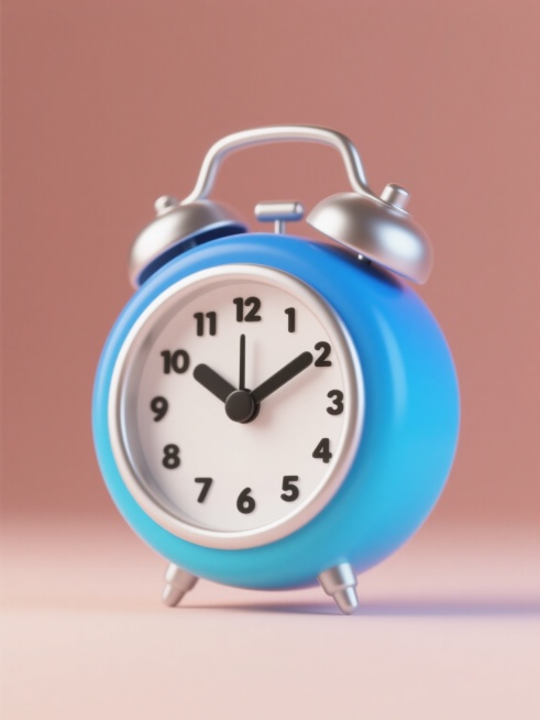 蓝色渐变外壳的圆形闹钟，银色金属边框，表盘为白色，黑色数字和指针，顶部有一个银色提手，纯色背景，无文字、logo和水印预览效果