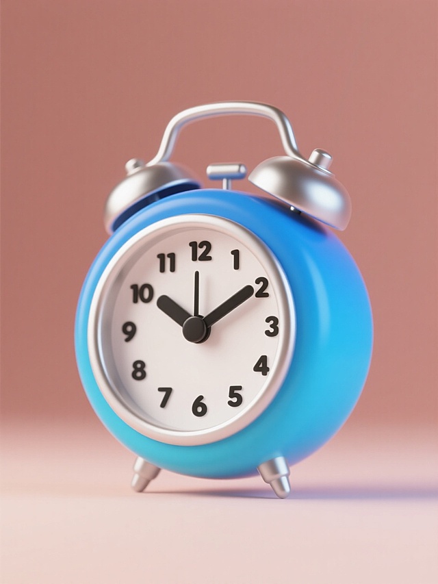 蓝色渐变外壳的圆形闹钟，银色金属边框，表盘为白色，黑色数字和指针，顶部有一个银色提手，纯色背景，无文字、logo和水印