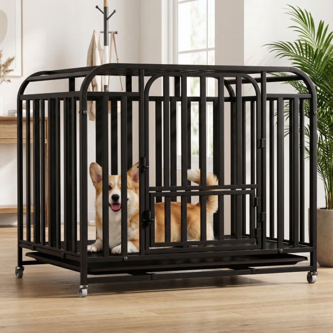 基于原图黑色狗笼，保持产品主体物理结构不变，放置在入户玄关区域，狗笼里面趴着一只开心的柯基犬摇尾巴，凸显狗笼主体。环境是浅橡木纹理地板，旁边放一棵散尾葵绿植，整体明亮干净，现代简约风格，柔和自然光，低预览效果