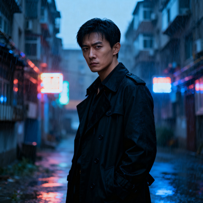 电影镜头，一位26岁的中国男性，黑色短发，眼神冷峻深邃，脸型棱角分明，穿着一件黑色风衣，站在沈阳老旧小区的雨夜里，背景是模糊的霓虹灯，写实风格，带有胶片颗粒感，整体冷色调，高画质预览效果