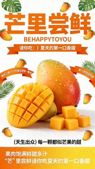 以纯白+暖橙+芒果黄为主色调，营造清新明快的夏日鲜果氛围。采用中心聚焦构图，核心是带水珠的新鲜芒果实拍图，完整果实、切好的网格果肉与小块果肉并置，凸显饱满多汁的质感。文字部分：顶部以大尺寸粗体橙字书写预览效果
