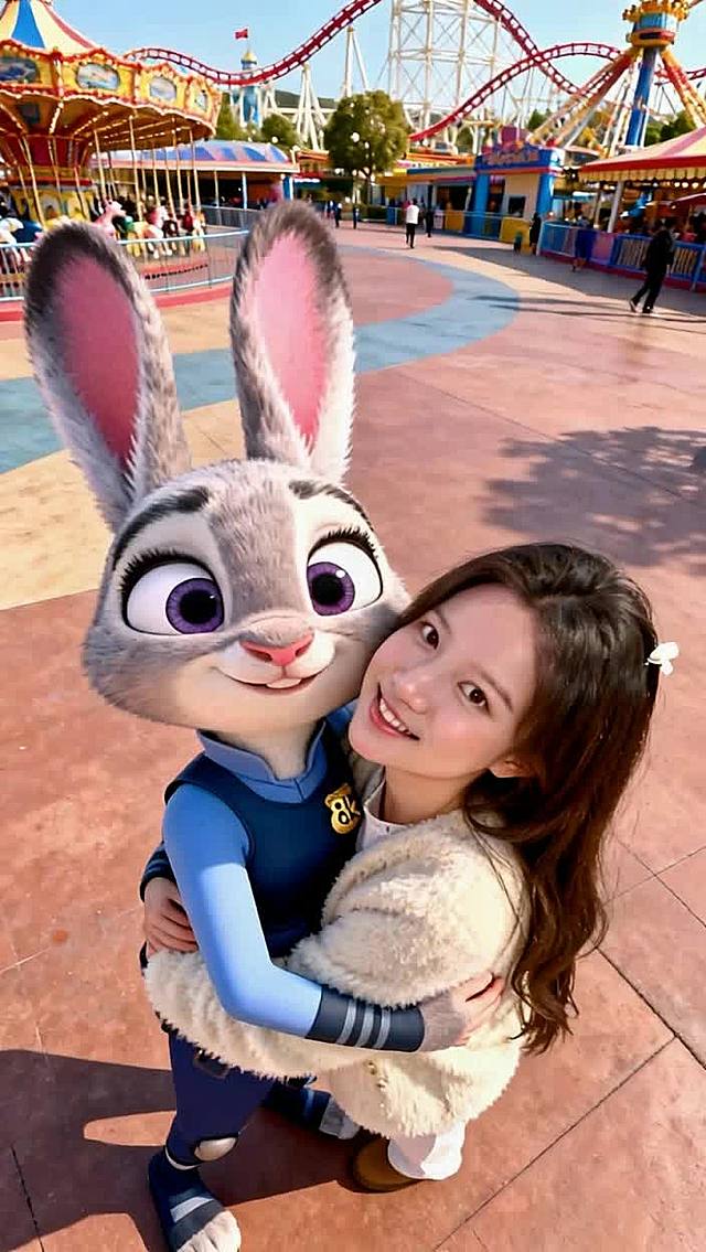 背景为游乐园，人物互相拥抱，背景为游乐园场所