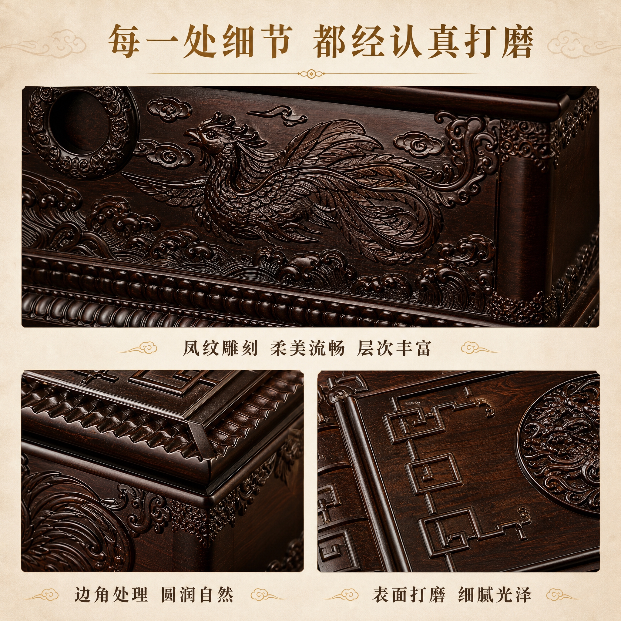 [凤款-方版2-细节特写] 福泽凤款黑檀木骨灰盒细节特写图，8… - 图片创意预览