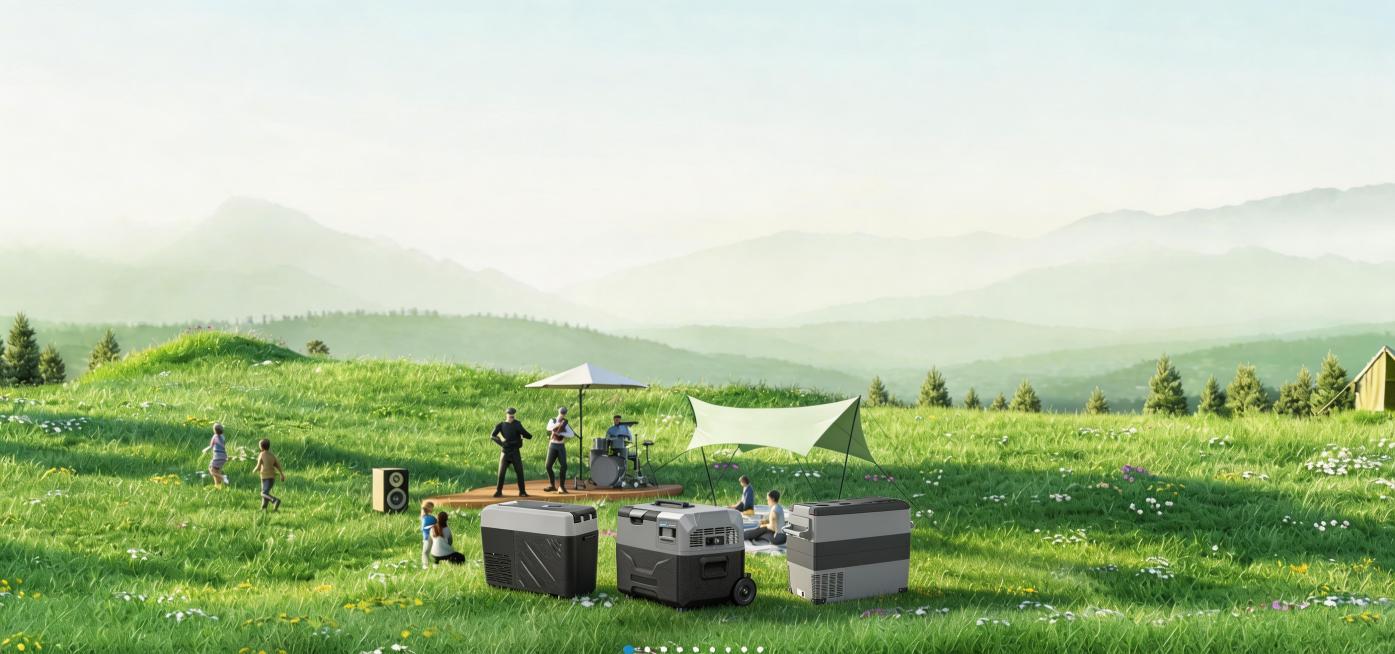 A spacious and vibrant website banner image showcasing an outdoor camping festival. This is a sunny预览效果
