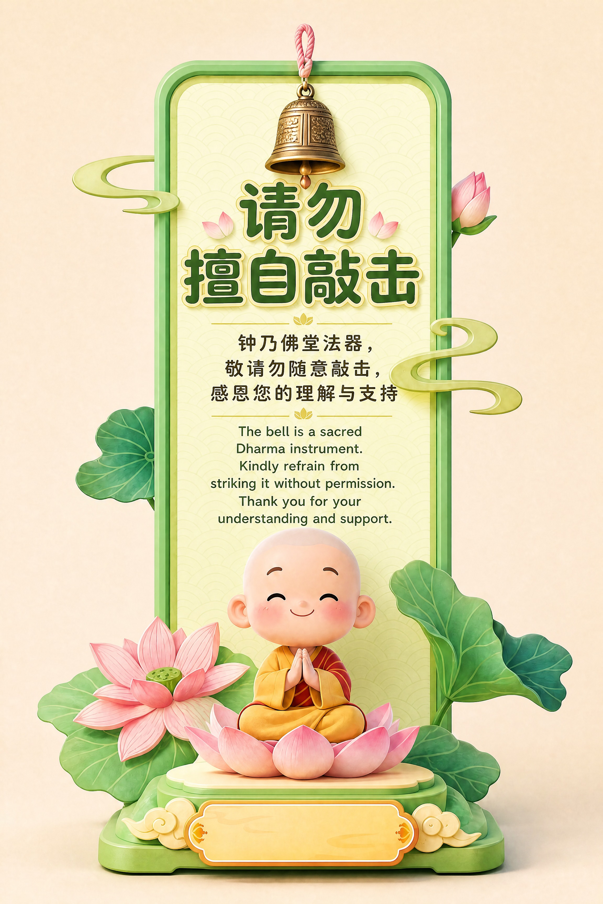 在这张佛堂温馨提示告示站立牌的基础上，在立牌顶部主标题上方的位… - 图片创意预览