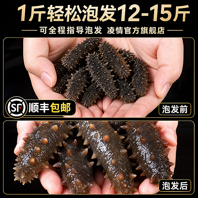 基于参考图轻微修改，重新设计为统一风格的大连野生底播海参电商主图第4张。上下分屏对比构图，上半部分为泡发前的淡干海参捧在手心，下半部分为泡发后的即食海参。顶部大字标题“1斤轻松泡发12-15斤”，副标题“可全程指导泡发 凌情官方旗舰店”。左侧顺丰包邮标识，右下角分别标注“泡发前”“泡发后”字样。整体黑色背景突出产品，电商主图风格，对比鲜明有说服力。