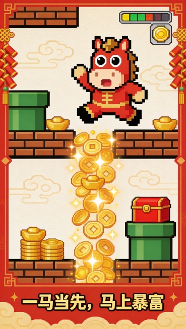 复古的超级马里奥游戏风格、8 位像素艺术、经典的街机关卡场景、马年主题、一只可爱的胖乎乎的像素马（红色和金色的配色，圆圆的大眼睛）作为游戏角色，马儿处于跳跃和惊讶的姿势（这是马里奥的经典跳跃姿态），屏预览效果
